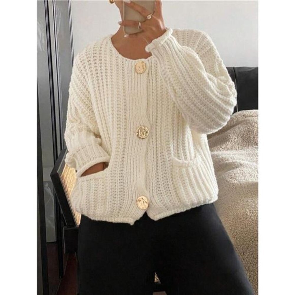 Button-Front Knit Cardigan with Pockets - Picture 3 of 8